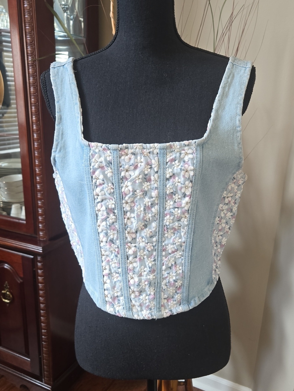 POL Light Blue Denim Floral Beaded Crop Top